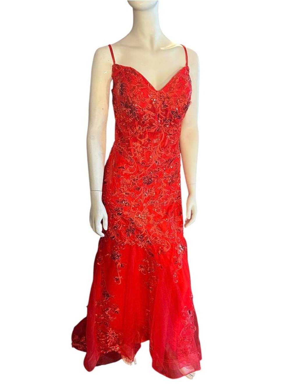 Fit & Flare Mermaid Style Evening Gown w/Lace & Sequins Red Size 14/16 NWT